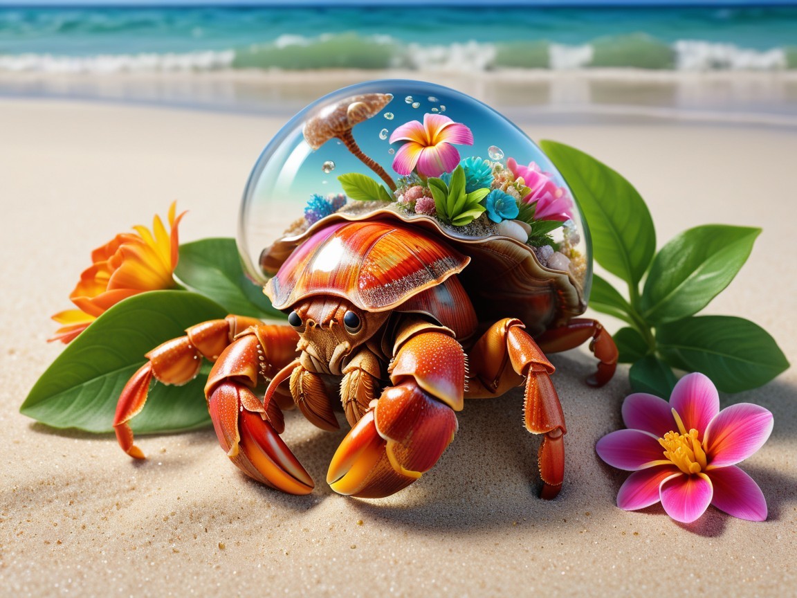 Colorful Hermit Crab on a Sandy Beach with Flowers