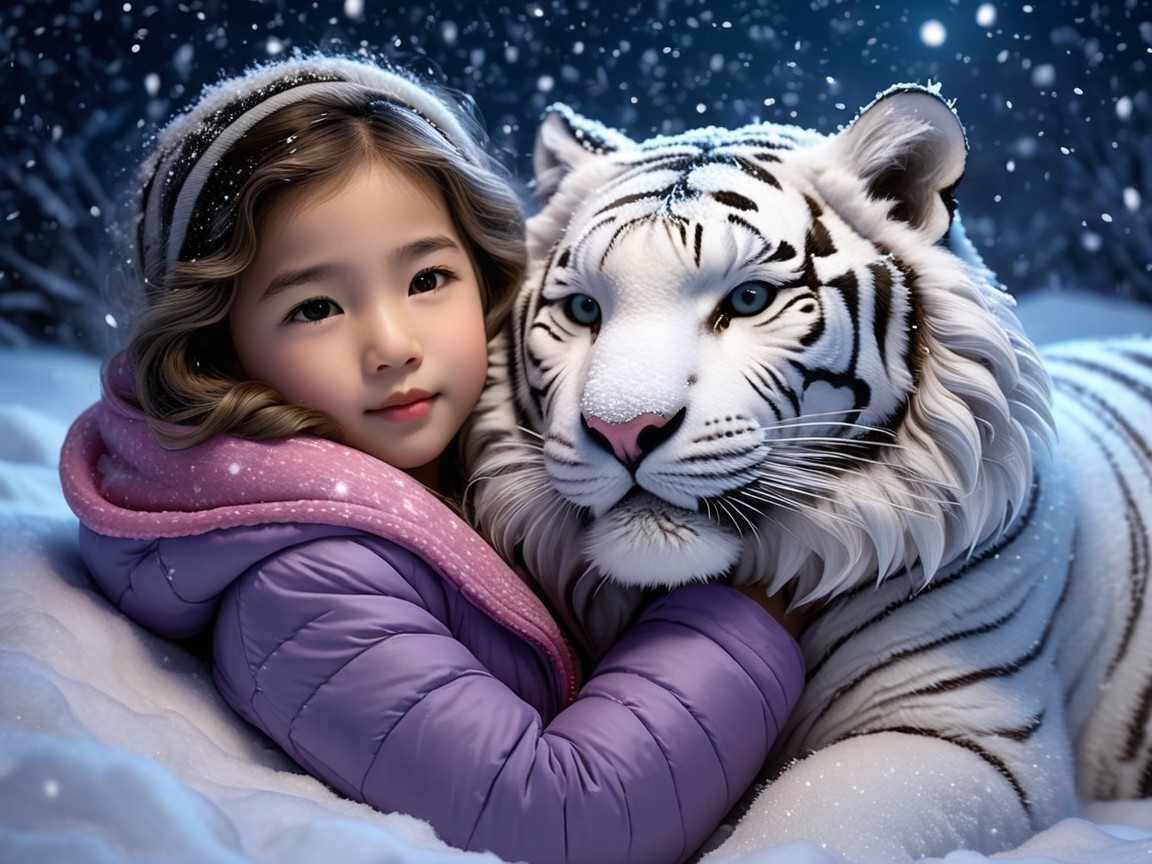 Winter Landscape with Girl and White Tiger