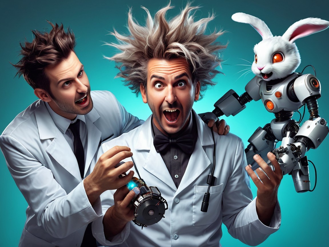 Eccentric Scientists with Robotic Rabbit in Lab Coats