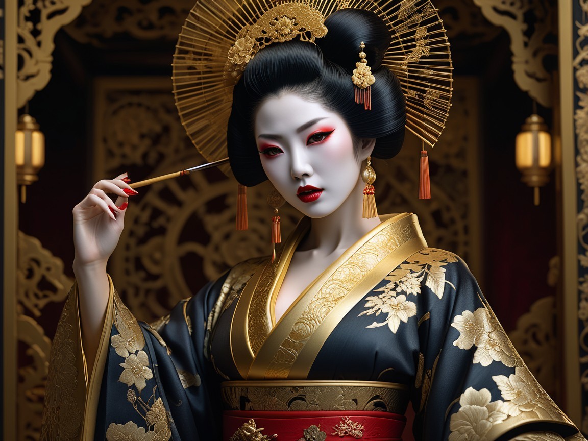 Traditional Kimono with Intricate Gold Patterns