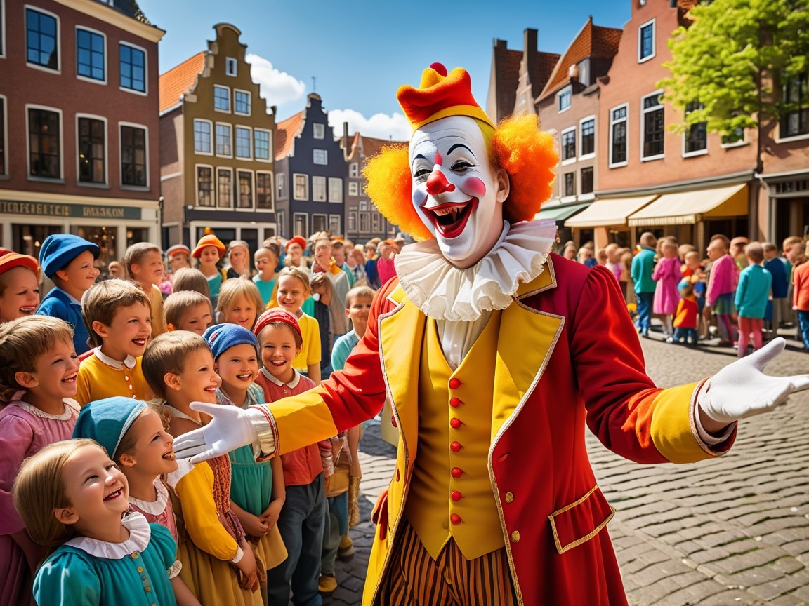 Clown Entertains Children in Colorful Town Square