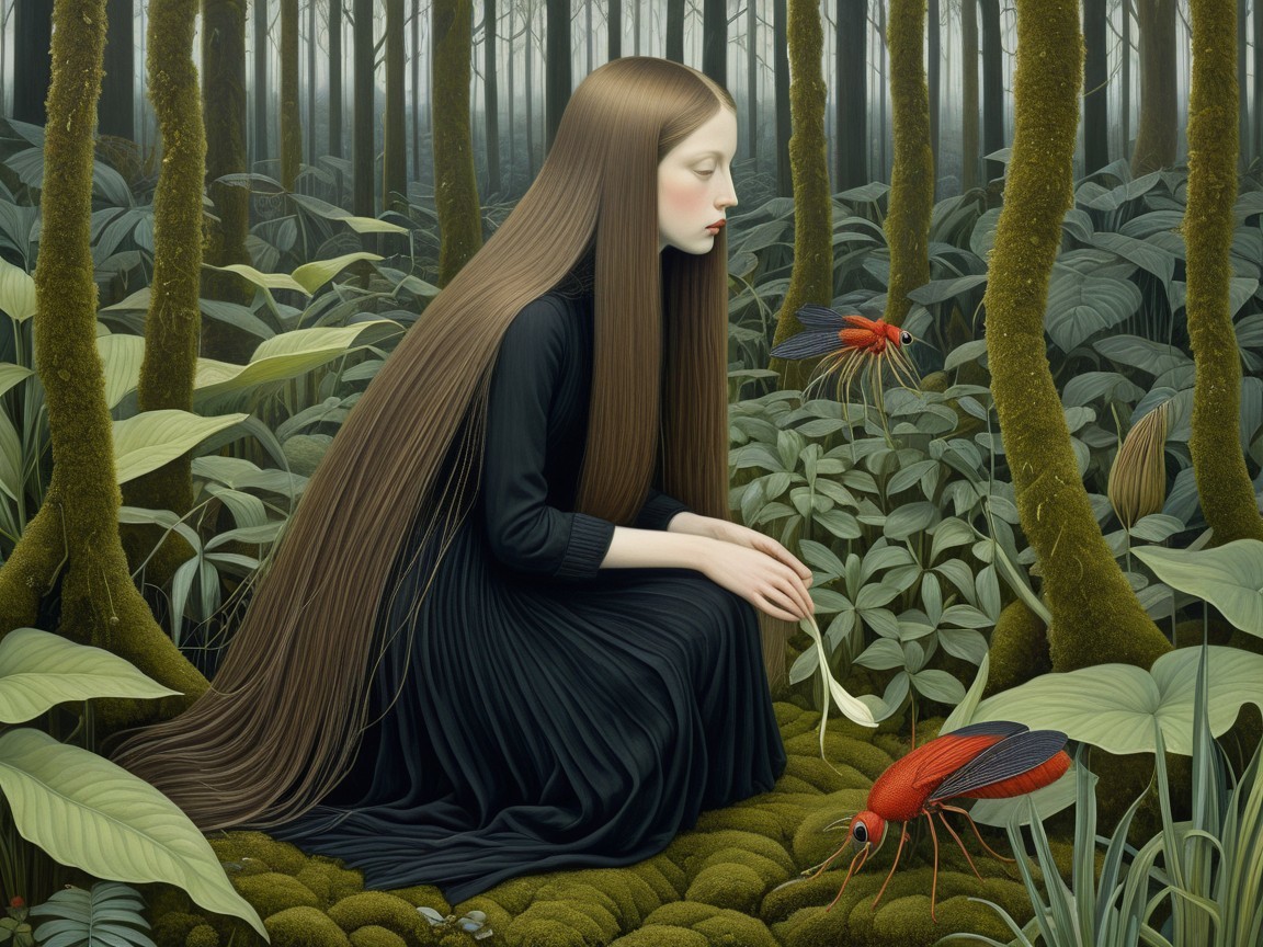 Young girl in black gown in a mystical forest setting