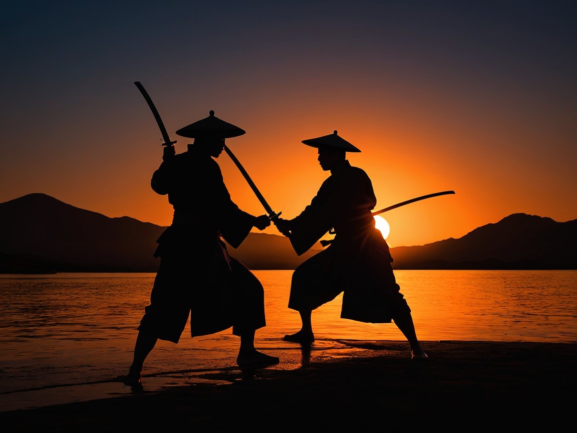 Silhouetted Samurai Duel at Sunset Over Water