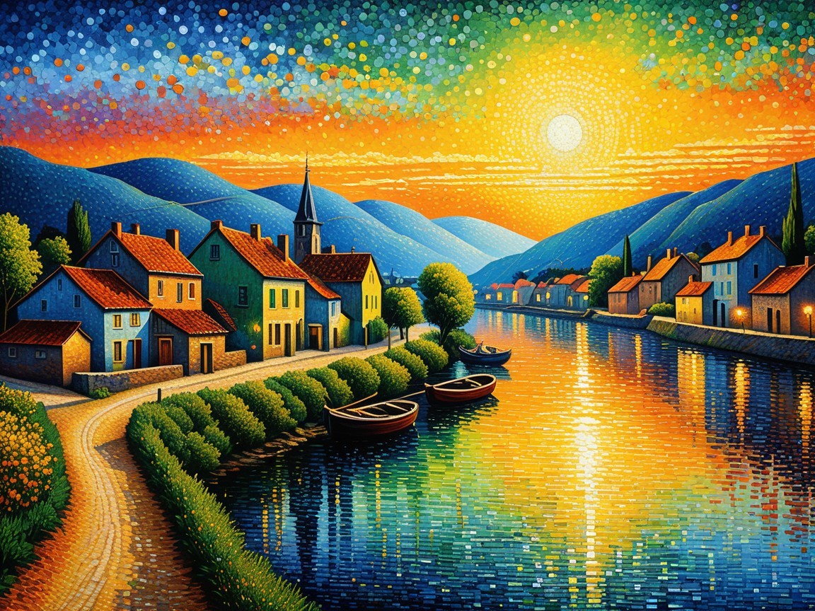 Riverside Sunset Scene with Colorful Rooftops and Boats