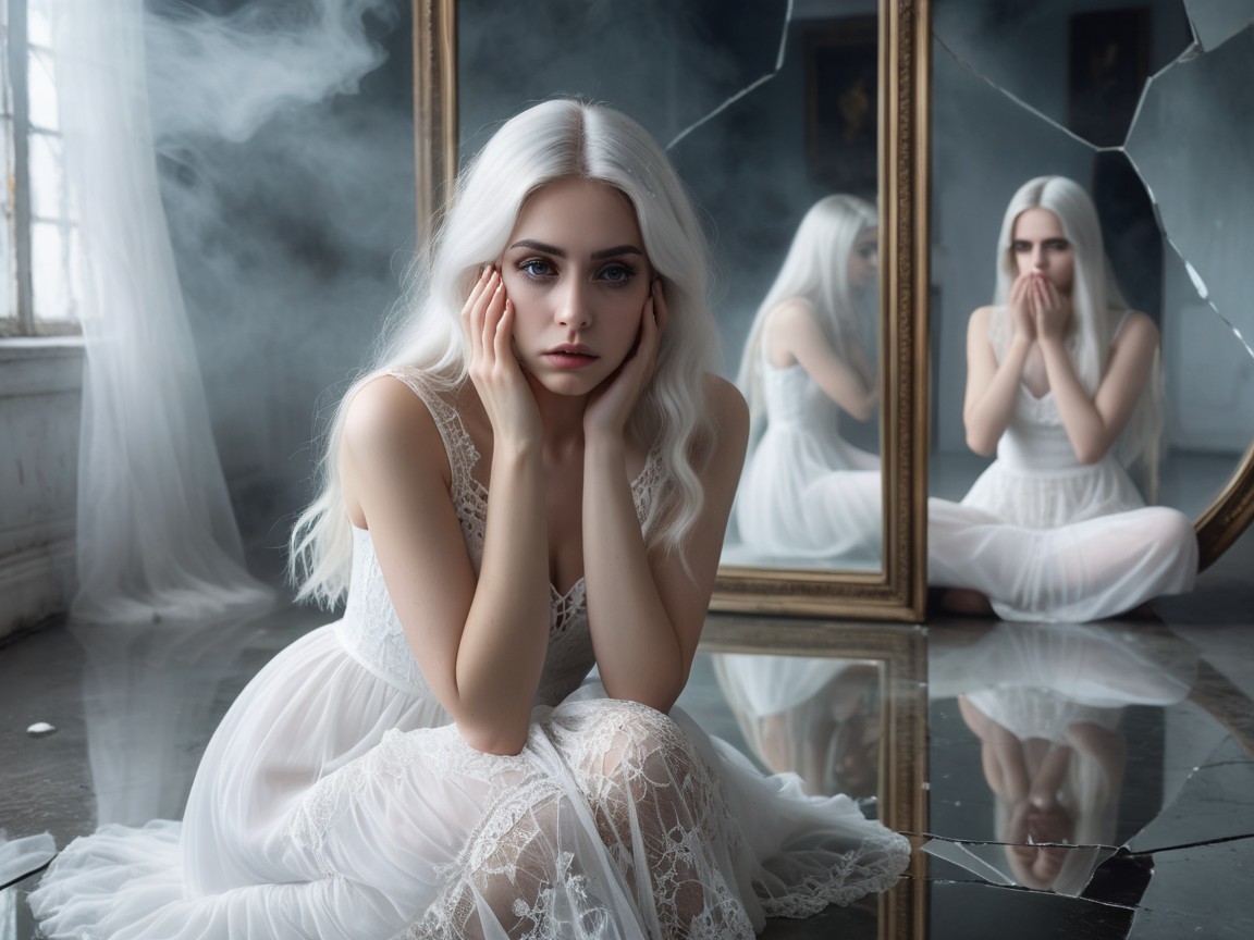 Young woman in white gown on reflective surface