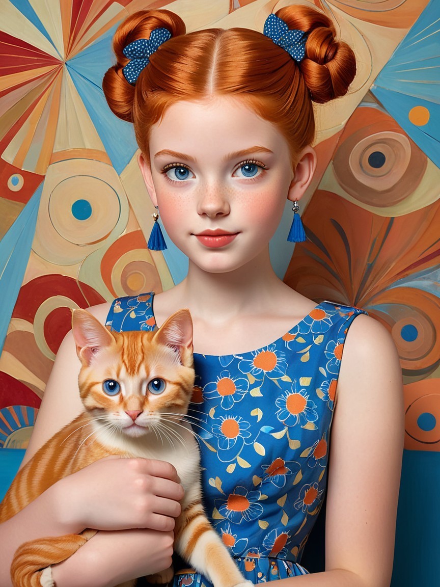 Young girl with red hair and orange tabby cat