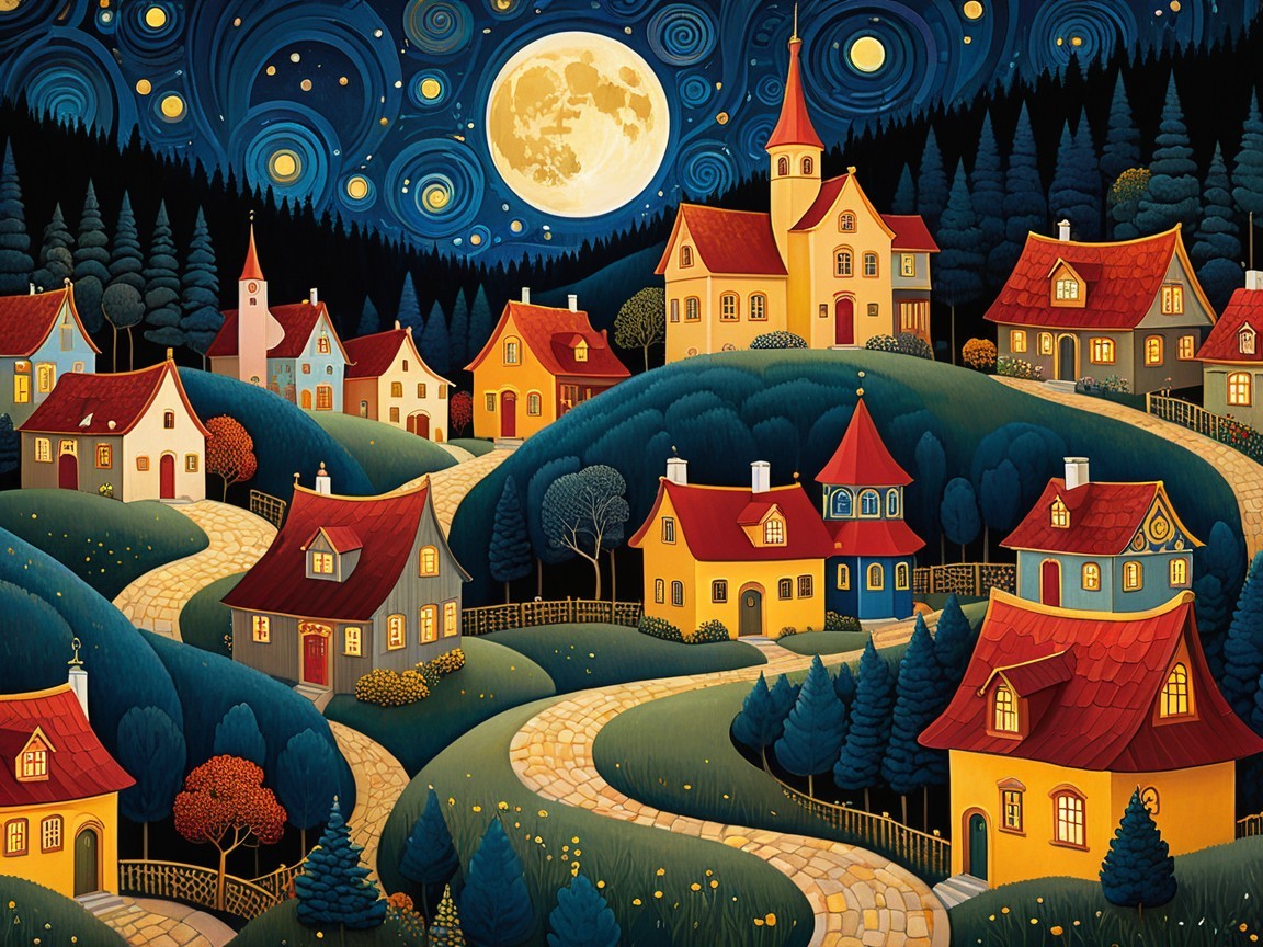 Charming Village Under a Full Moon at Night