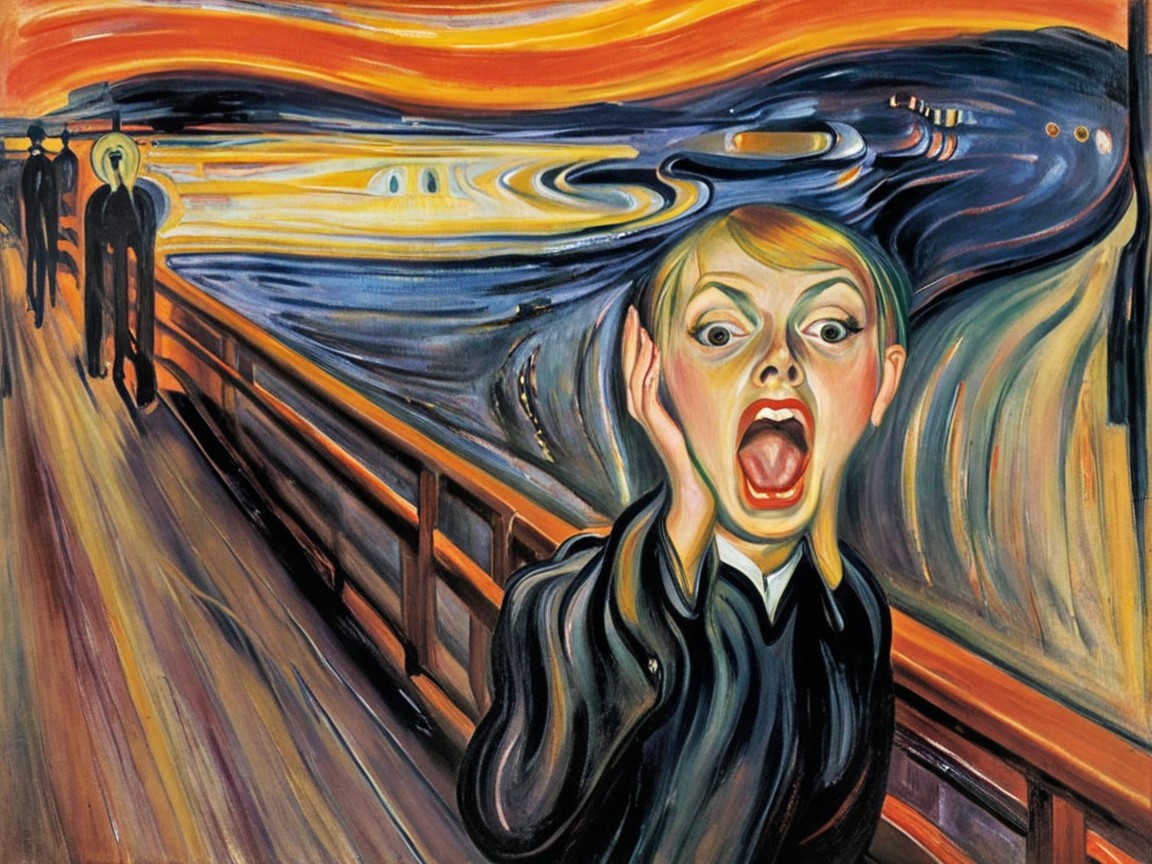 Figure on a bridge expressing intense emotion and dread