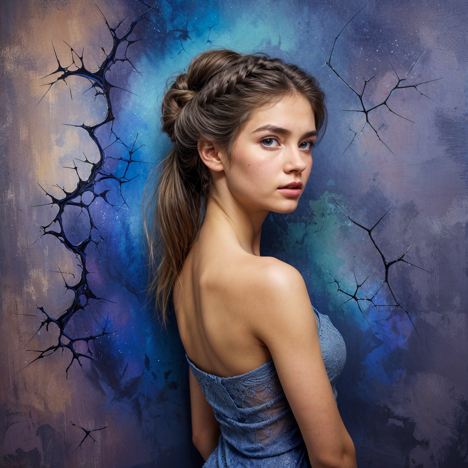 Young Woman in Off-Shoulder Dress with Abstract Background