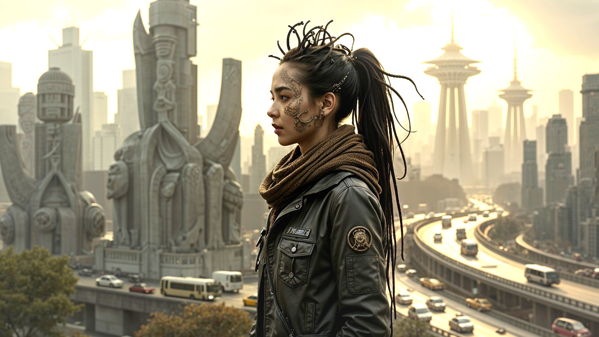 Futuristic Cityscape with Young Woman and Tattoos
