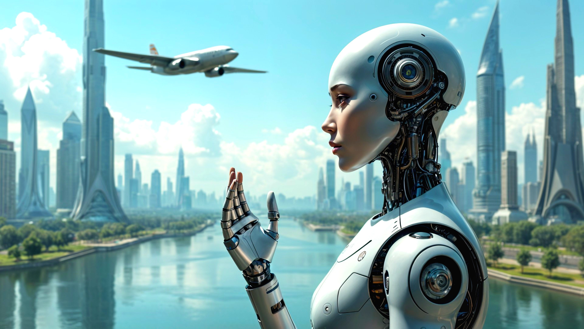 Futuristic Cityscape with Humanoid Robot and Skyscrapers