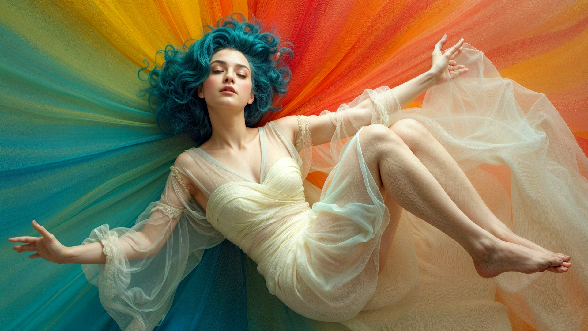 Serene Figure Against Vibrant Flowing Colors