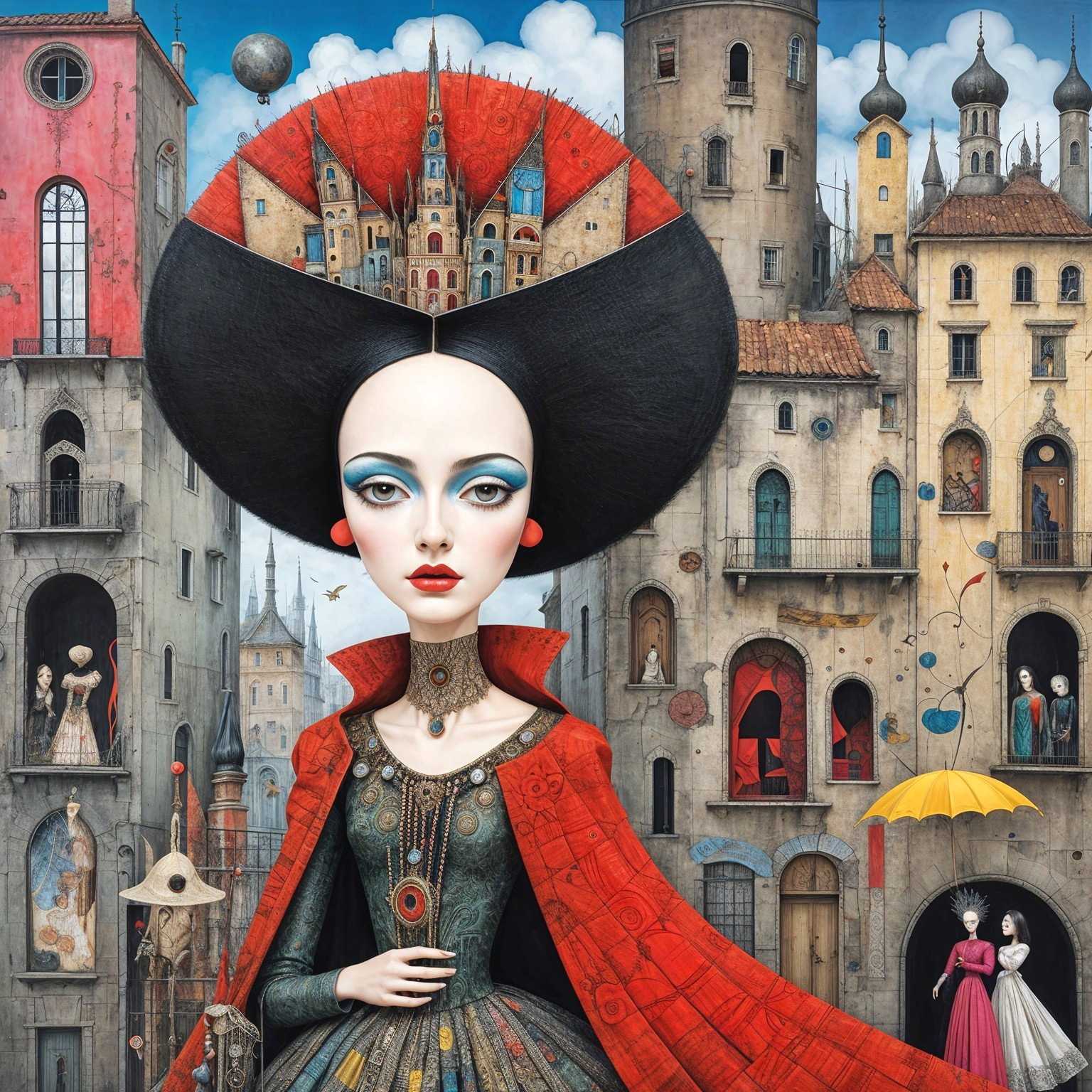 Stylized Figure in Red Cloak Amidst Fantastical City