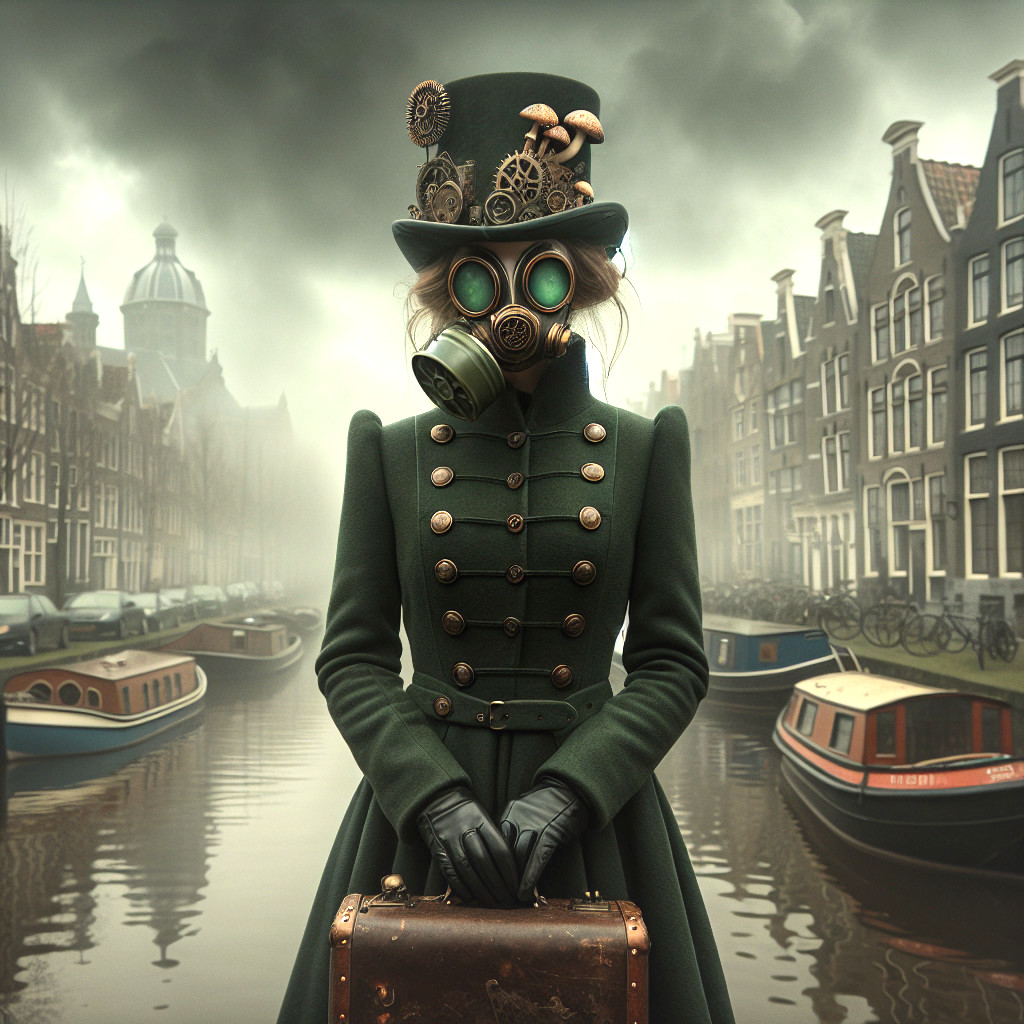 Steampunk Figure by Canal in Foggy Atmosphere