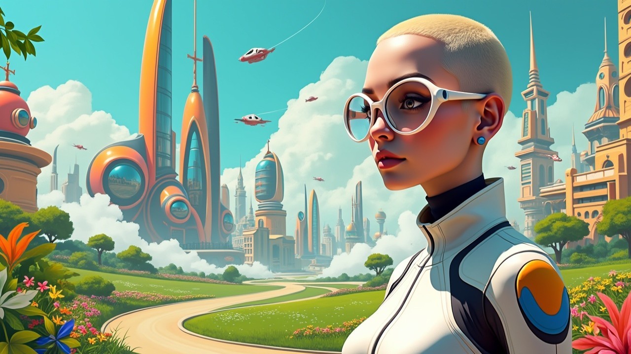 Futuristic landscape with vibrant structures and greenery