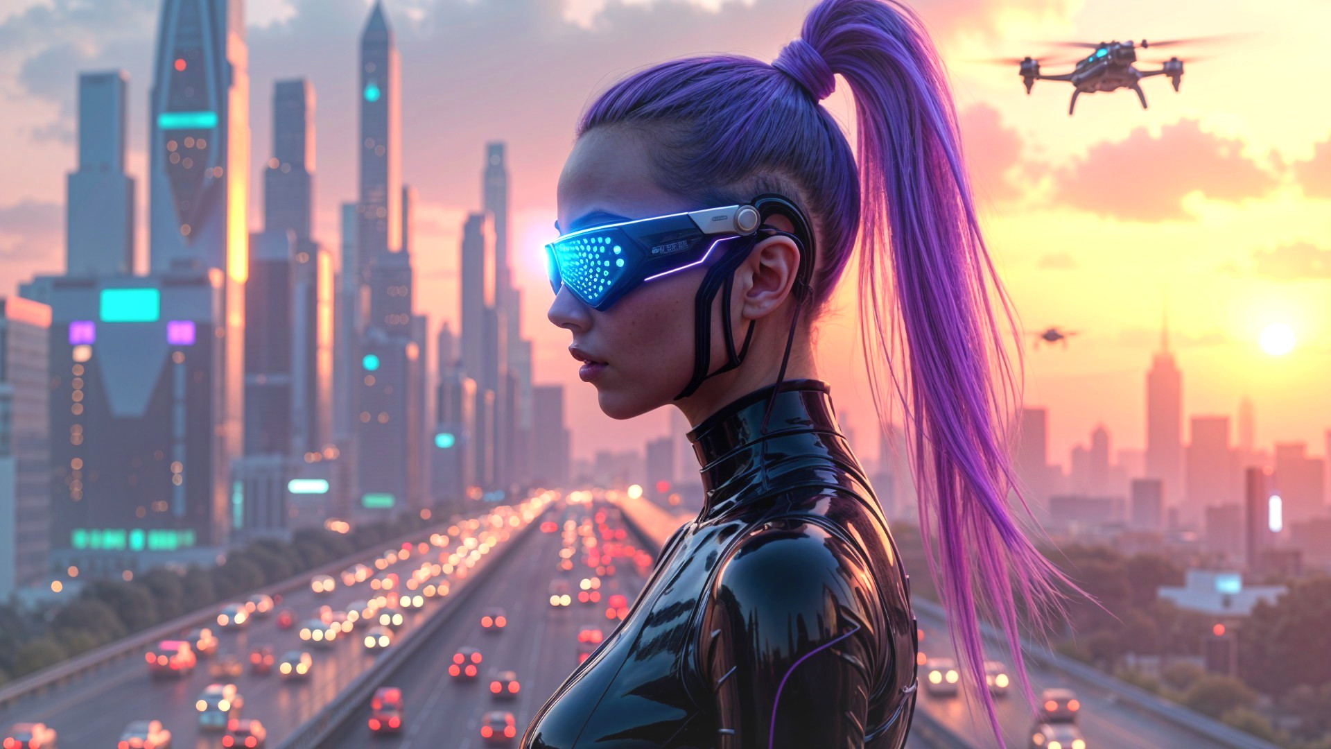 Futuristic city skyline with cyberpunk elements at sunset