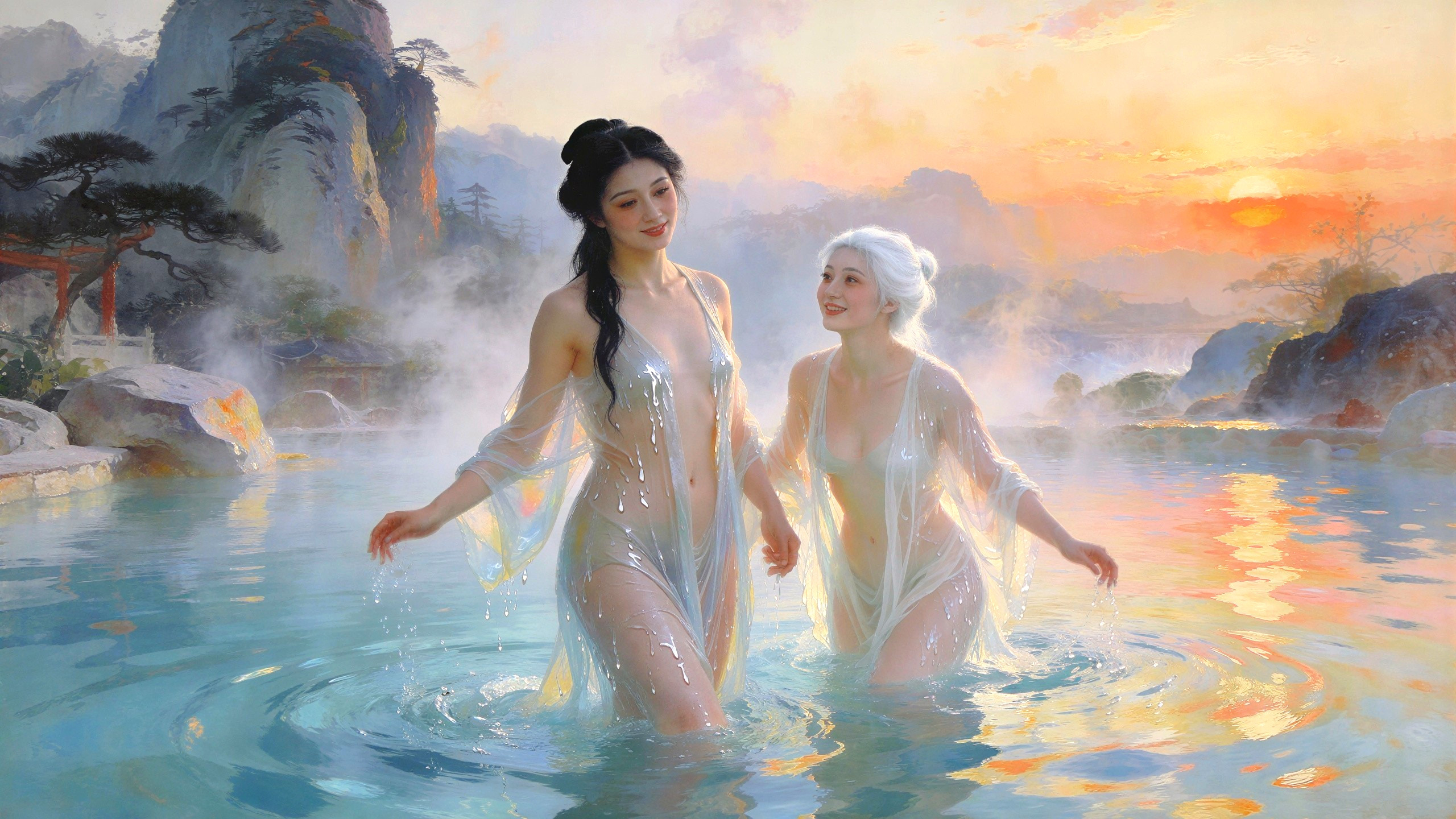 Women in Sheer Robes by Calm Water at Sunset