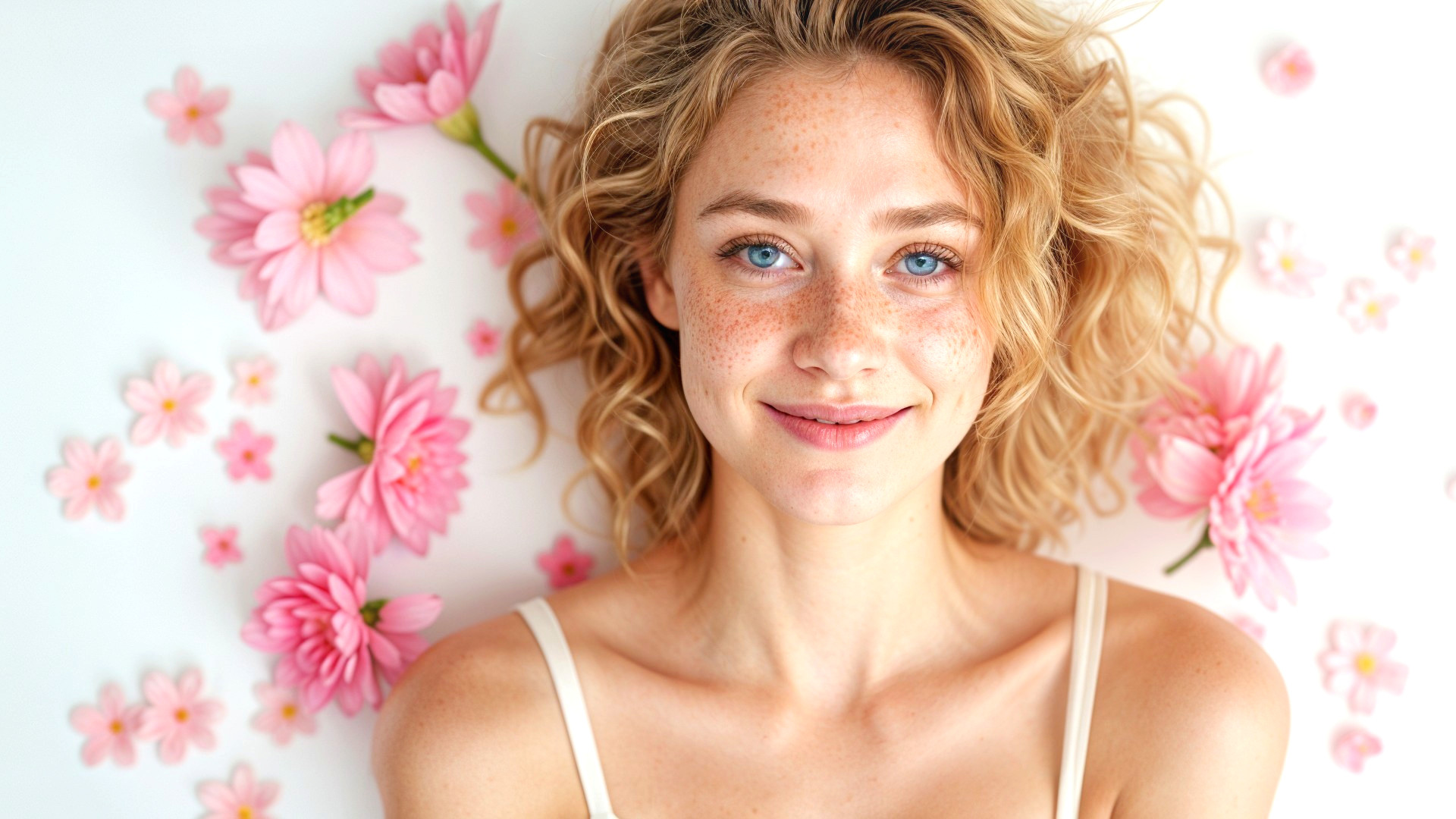 Woman with curly blonde hair among pink flowers