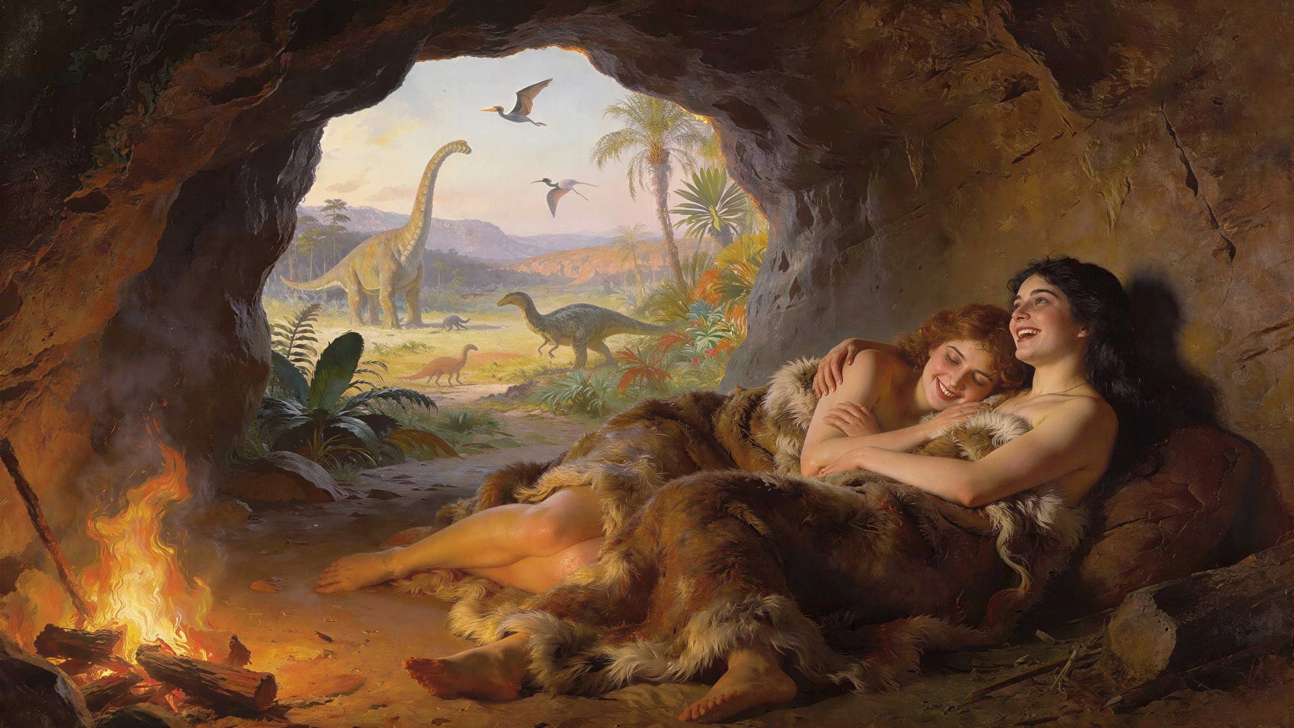 Young Women in Cave with Dinosaurs and Mountains