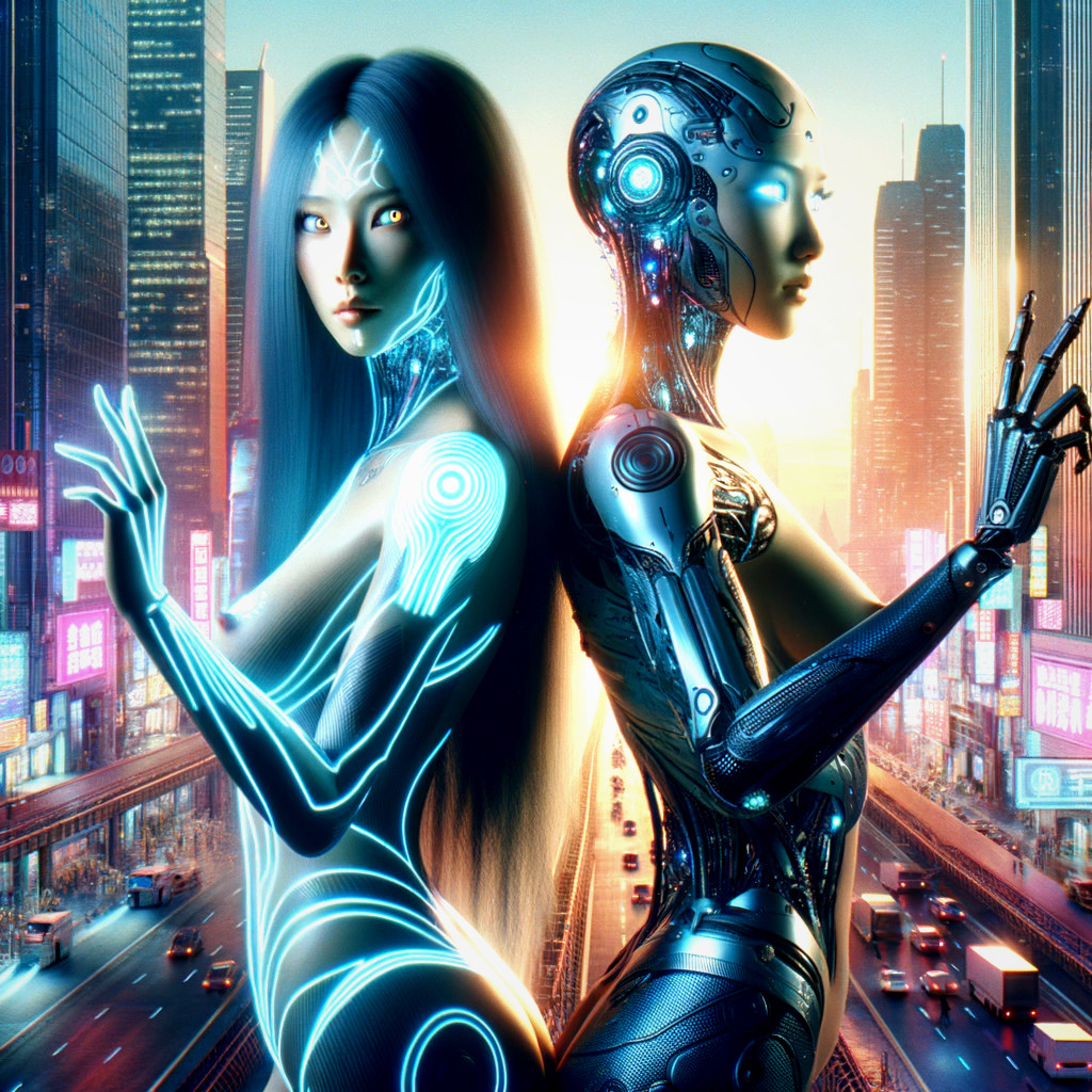 Futuristic Cityscape with Human and Robot Figures