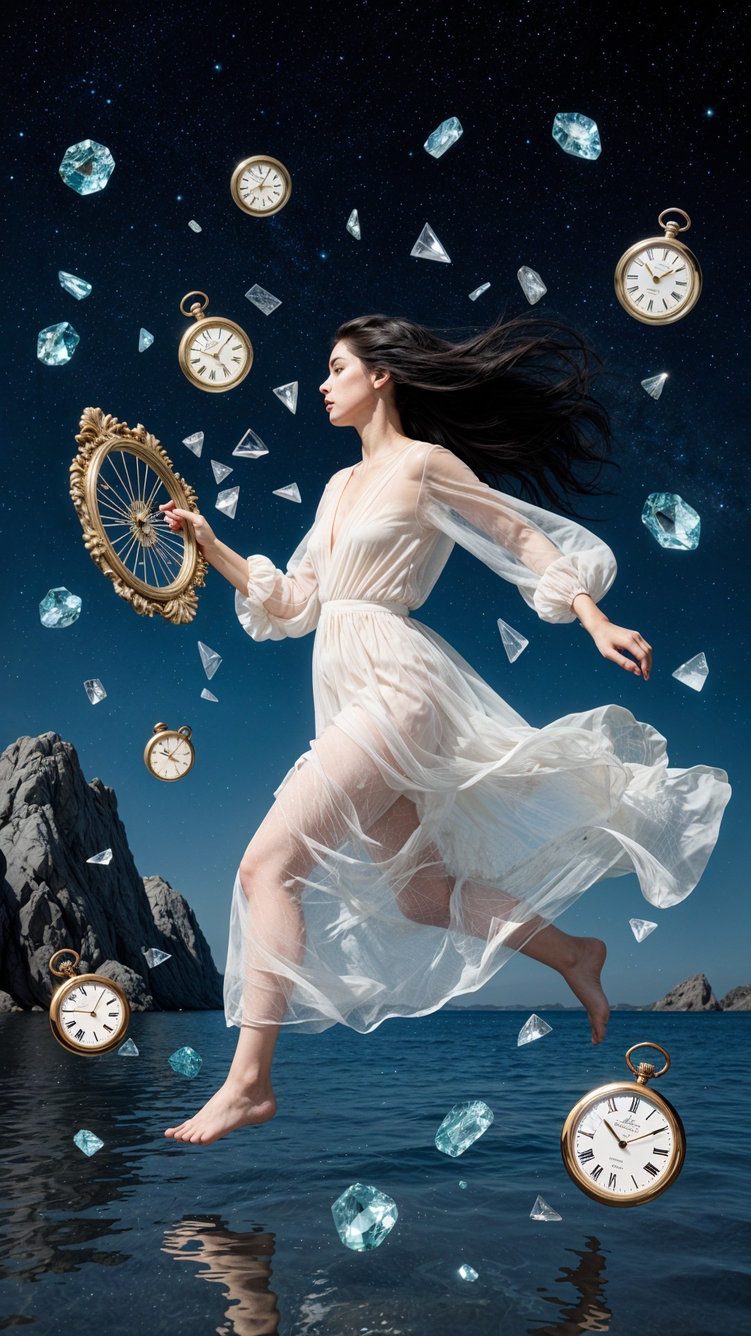 Surreal Scene of a Woman Running on Water at Night
