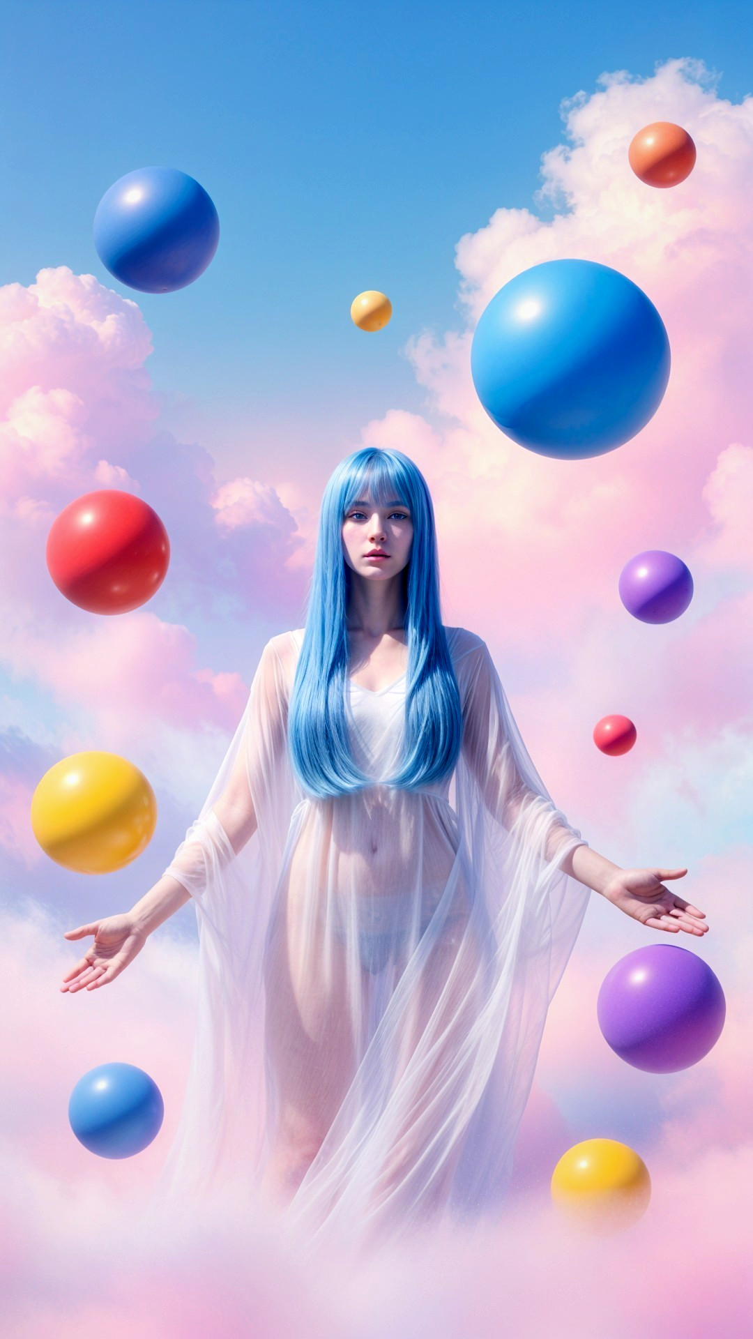 Surreal Figure in Dreamy Pastel Cloud Landscape