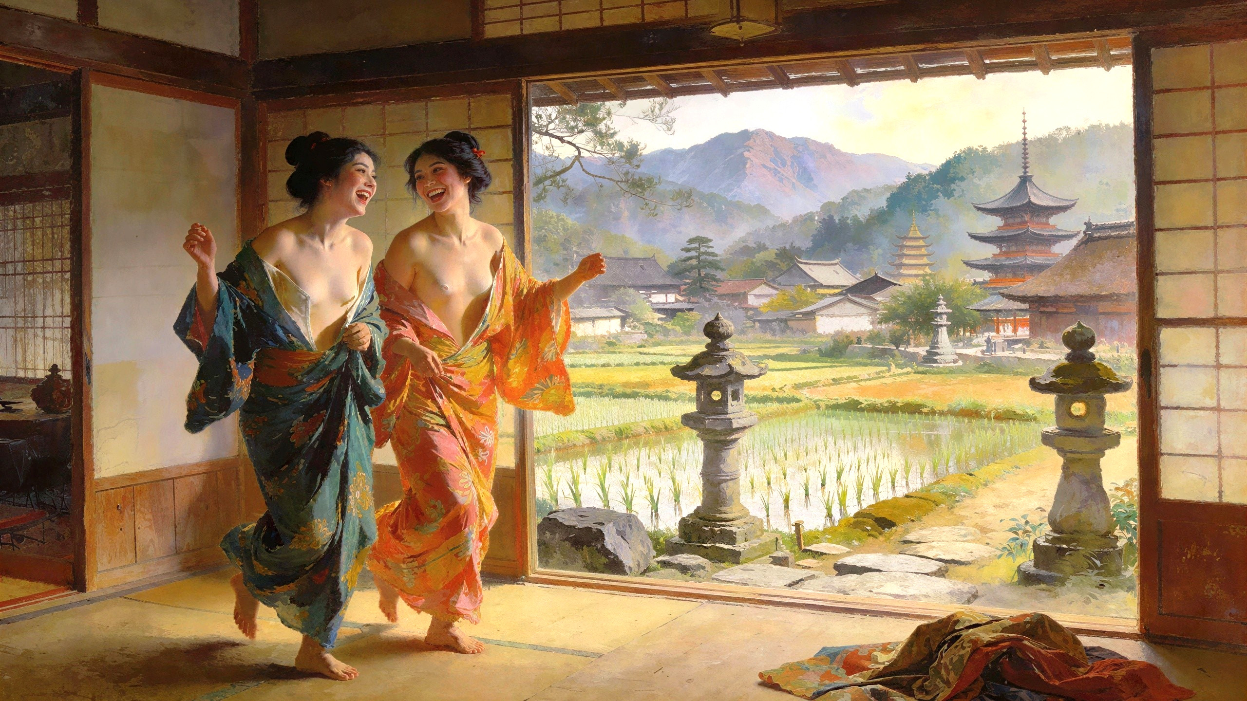 Oil Painting of Two Japanese Women in Kimonos