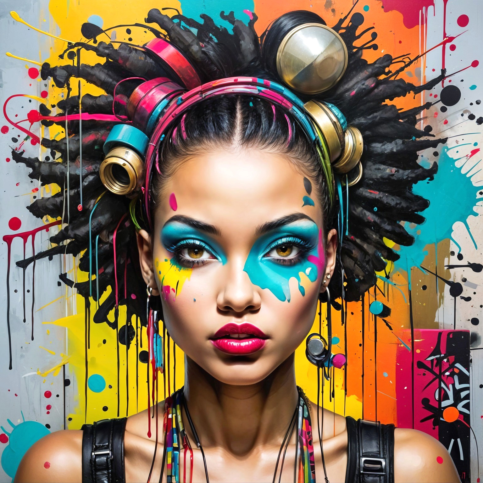 Portrait of a Woman with Vibrant Makeup and Mural