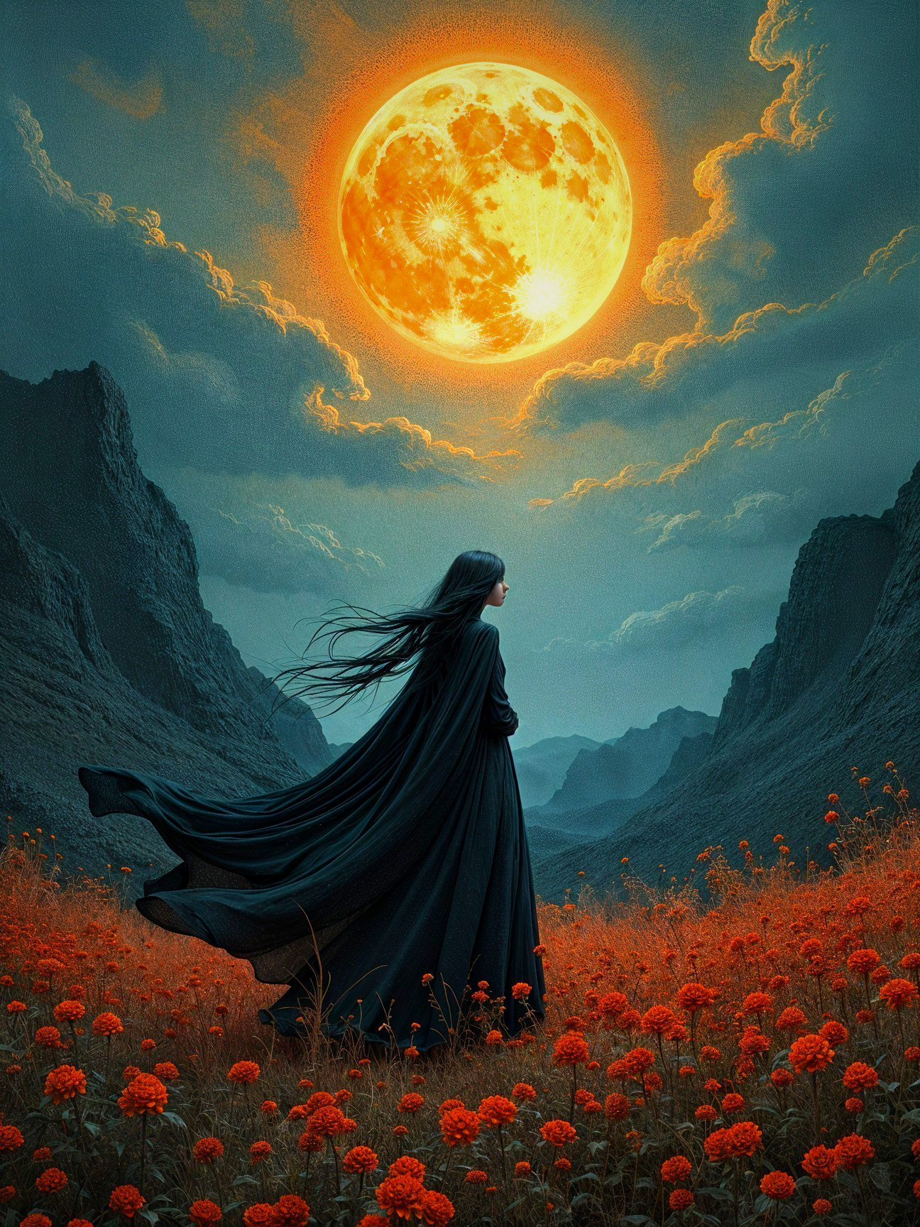 Mysterious Figure in Vibrant Flower Field at Night