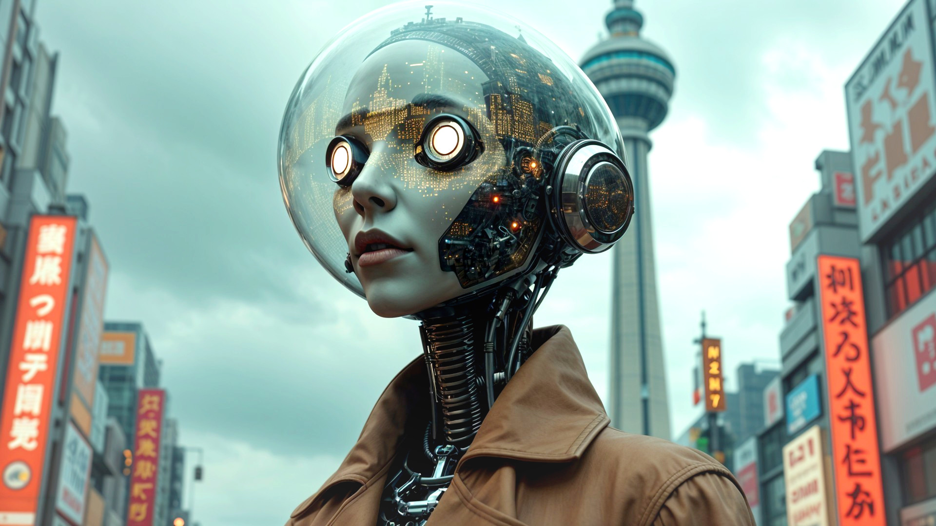 Futuristic Robot Figure in Urban Neon Setting