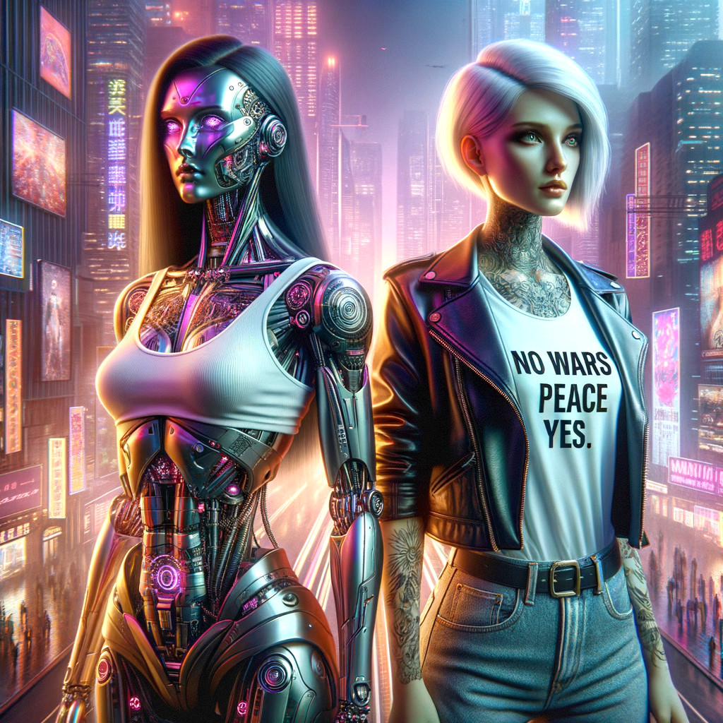Humanoid Robot and Stylish Woman in Cyberpunk Cityscape