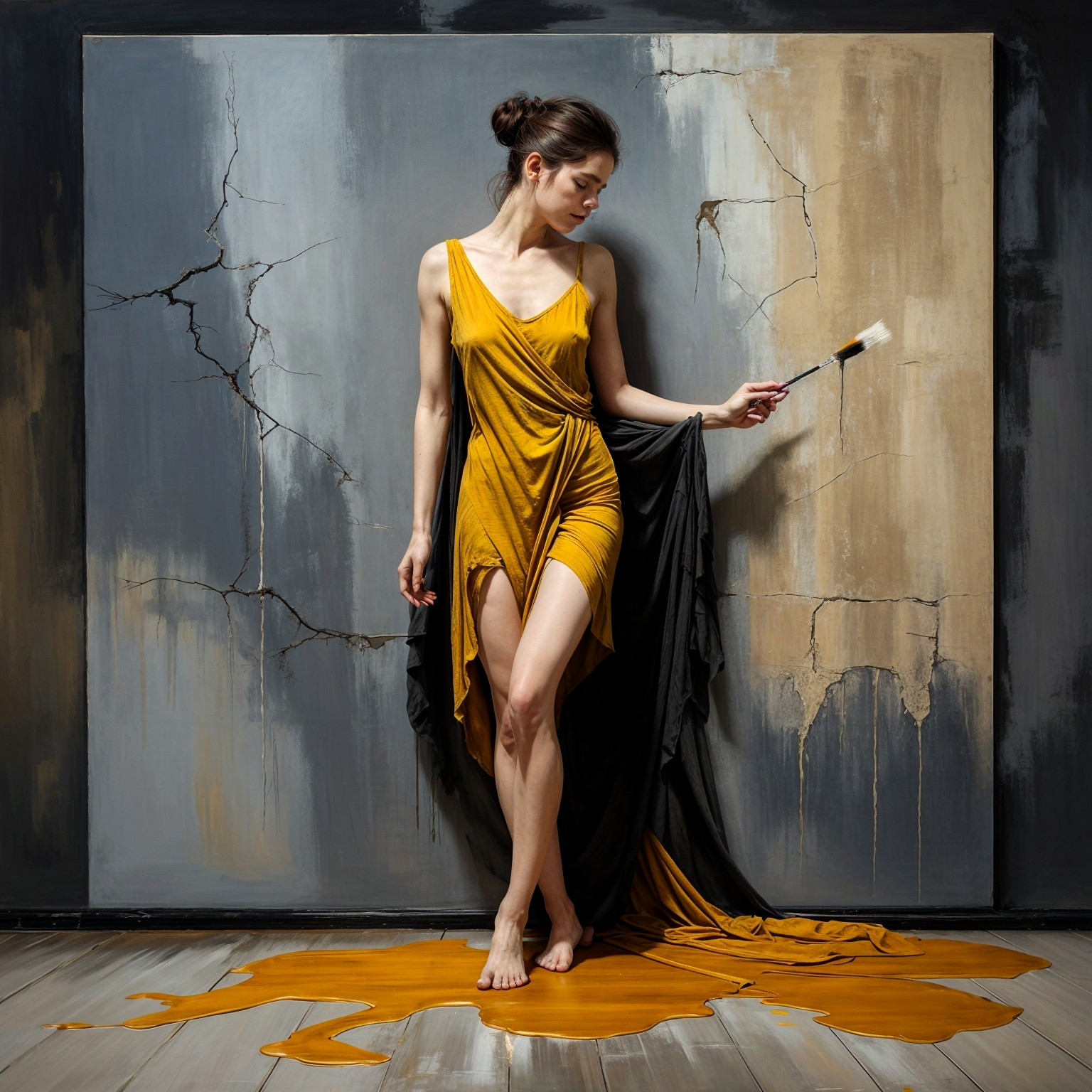 Woman in yellow dress with paintbrush and vibrant backdrop