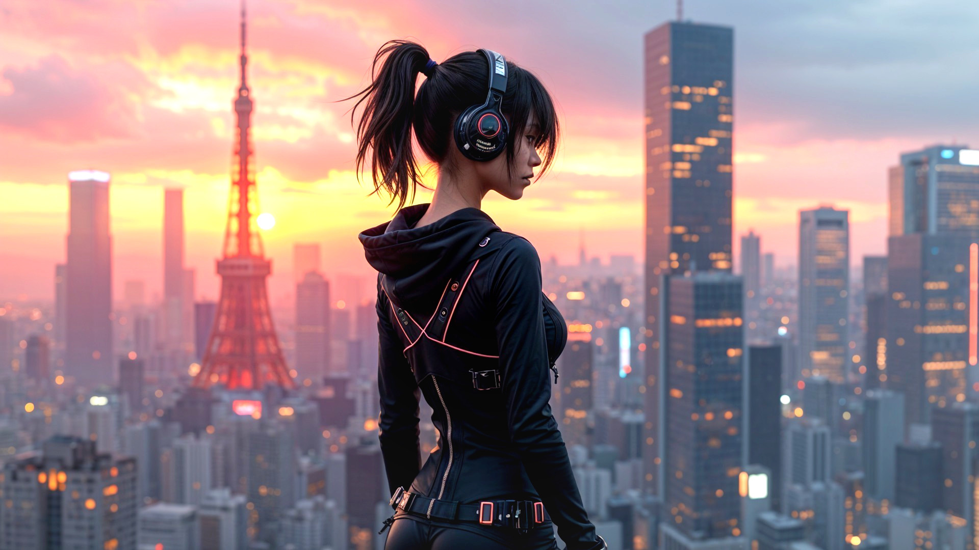 Silhouette of Woman with Headphones Against City Skyline