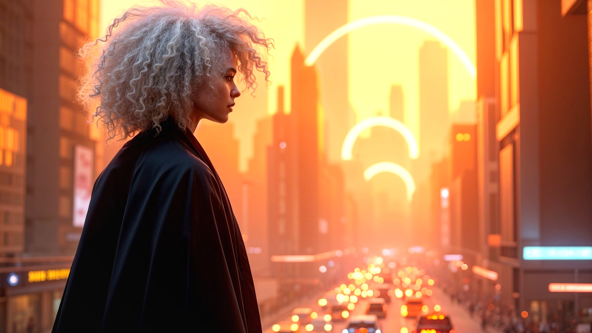 Silhouette in Vibrant Cityscape at Sunset