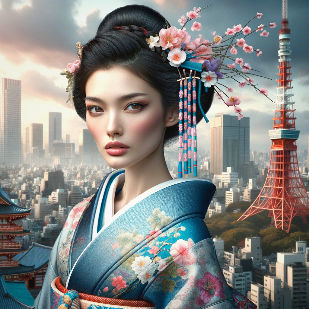 Woman in Kimono with Cityscape Background