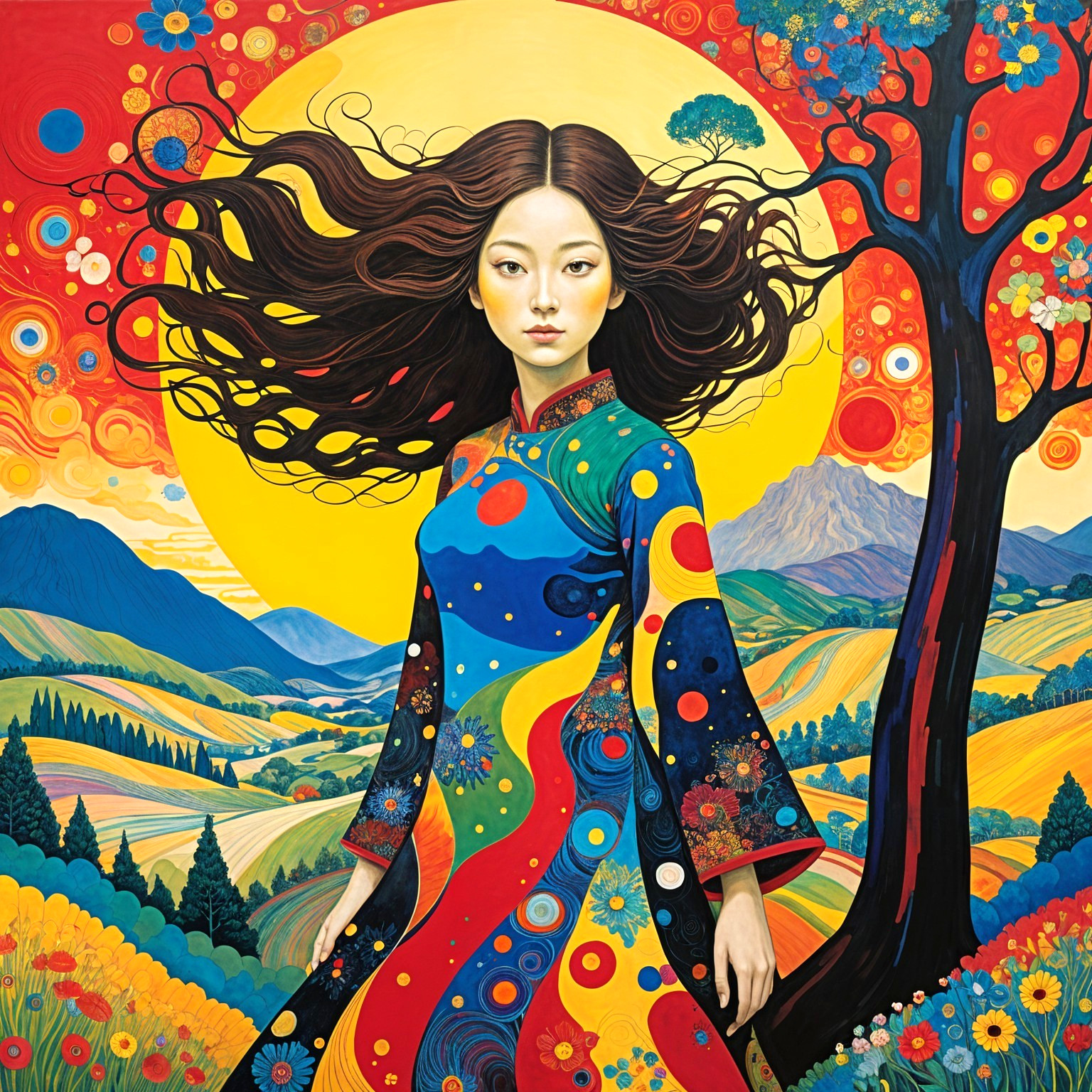 Vibrant Artwork of Young Woman in Dreamlike Landscape