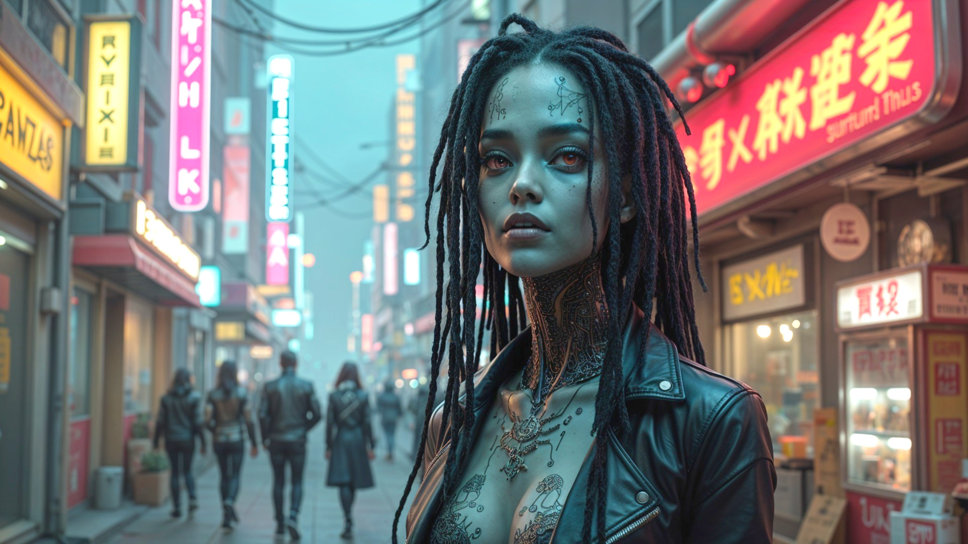 Futuristic Urban Scene with Neon Lights and Tattoos
