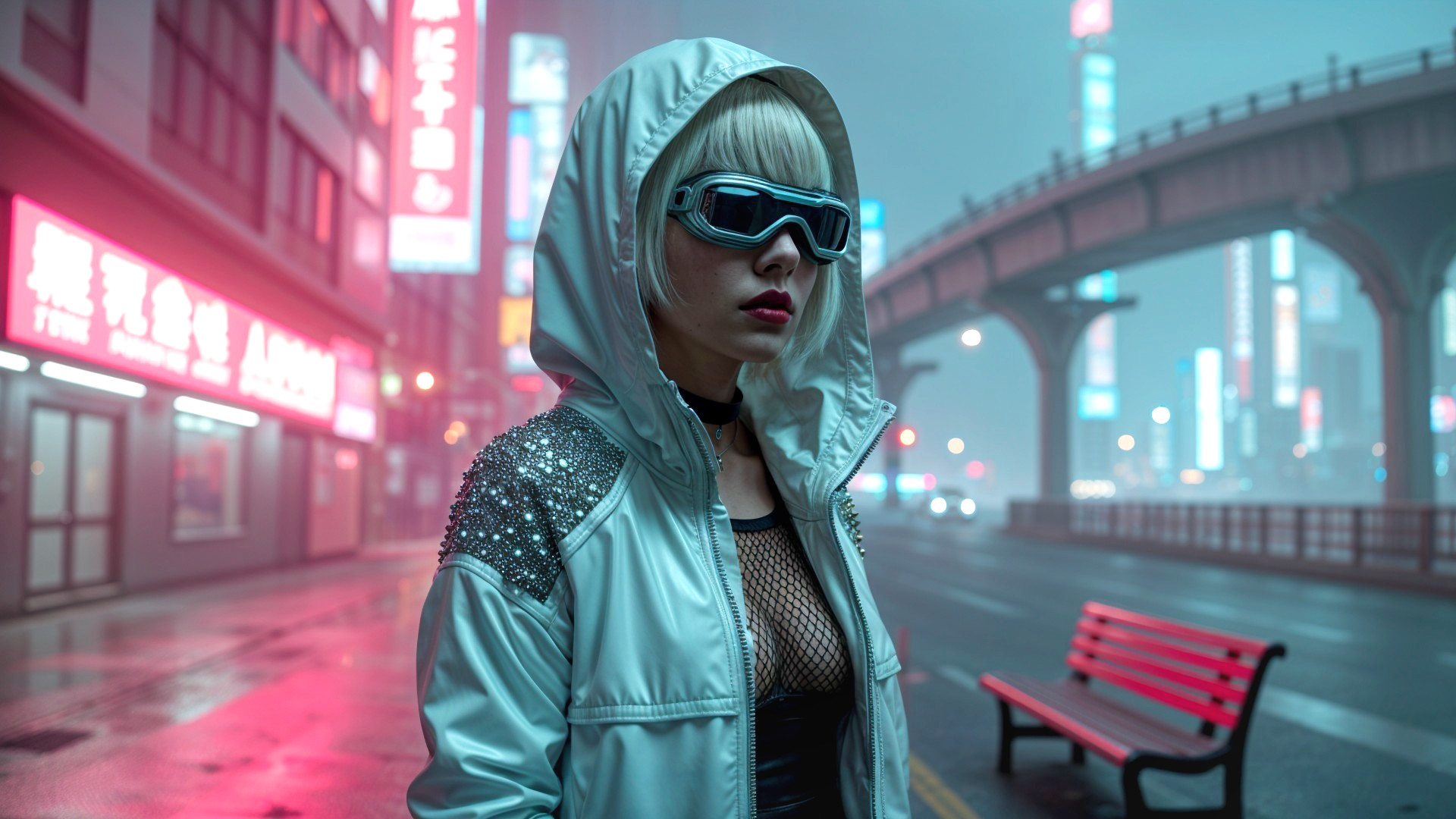 Futuristic cityscape with mist and neon lights