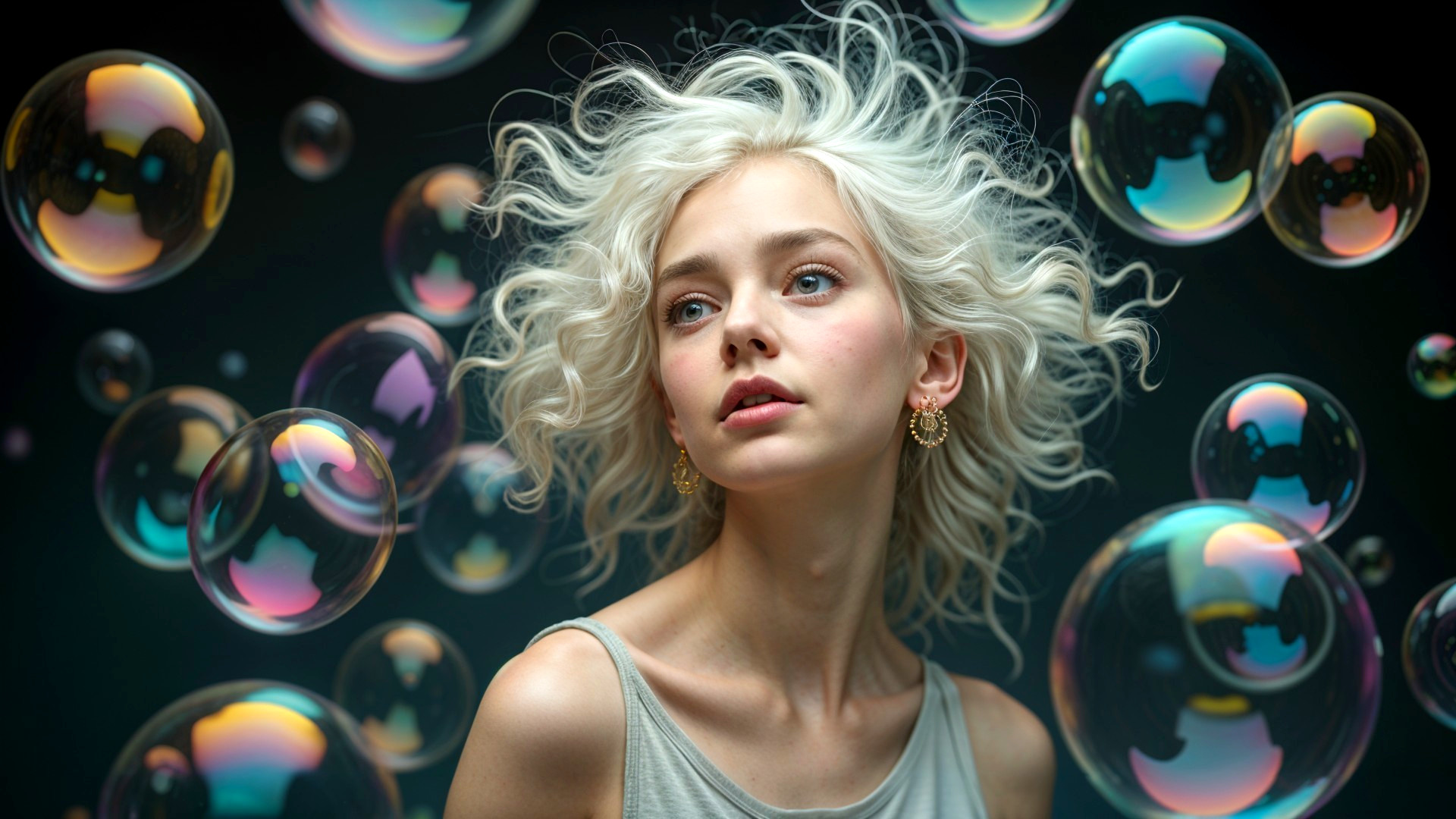 Portrait of a Young Woman with Platinum Hair and Bubbles