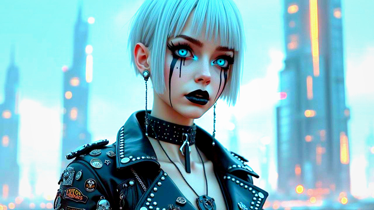 Young Woman in Cyberpunk City with Bold Aesthetic