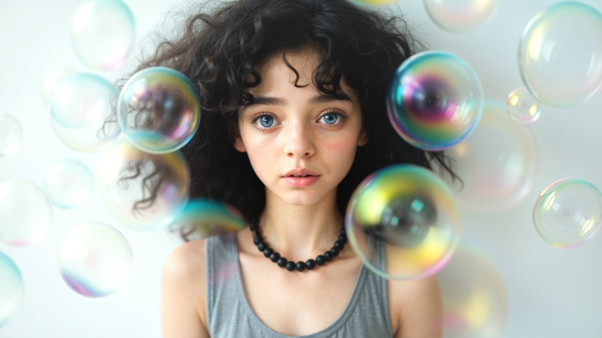 Young girl with curly hair and colorful soap bubbles