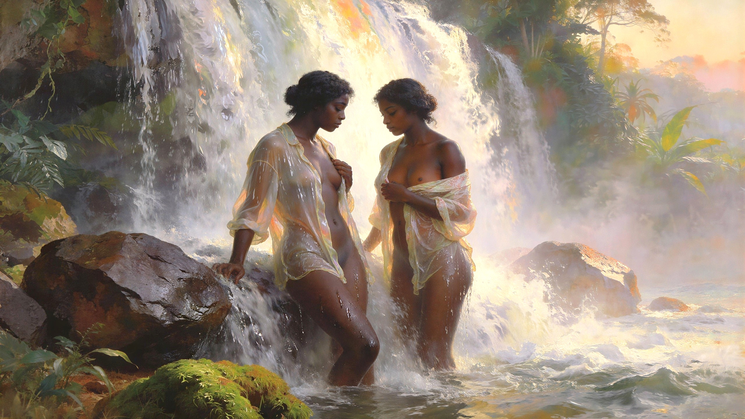 Women at Waterfall in Sheer Light-Colored Shirts