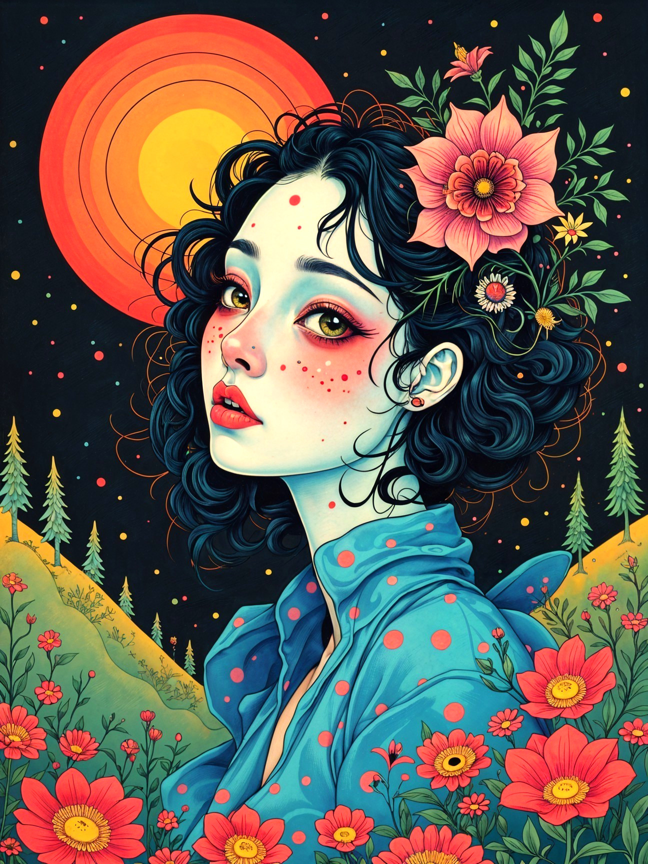 Vibrant Portrait of Young Woman with Flowers and Sun