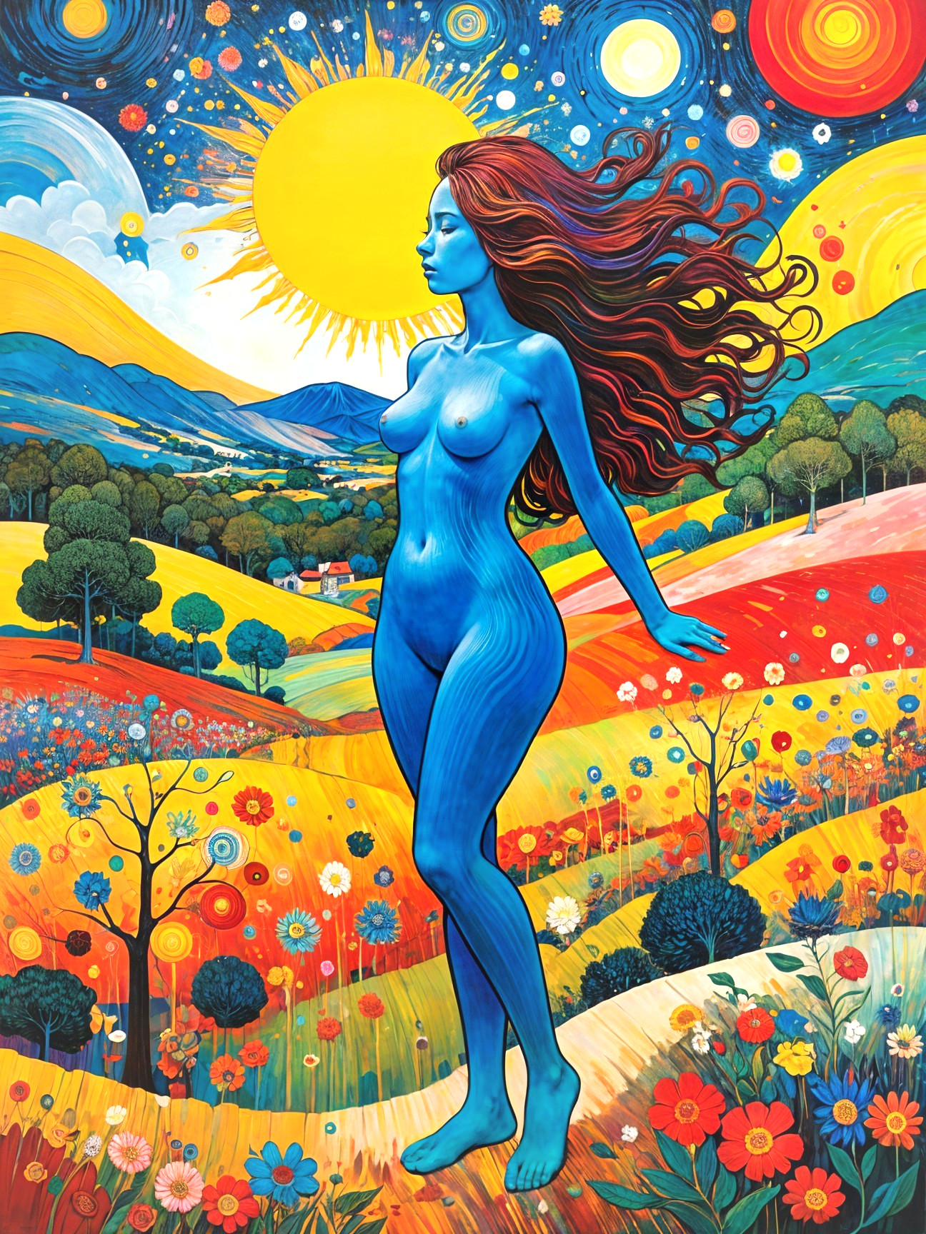 Surreal Landscape with Blue-Skinned Figure and Flowers