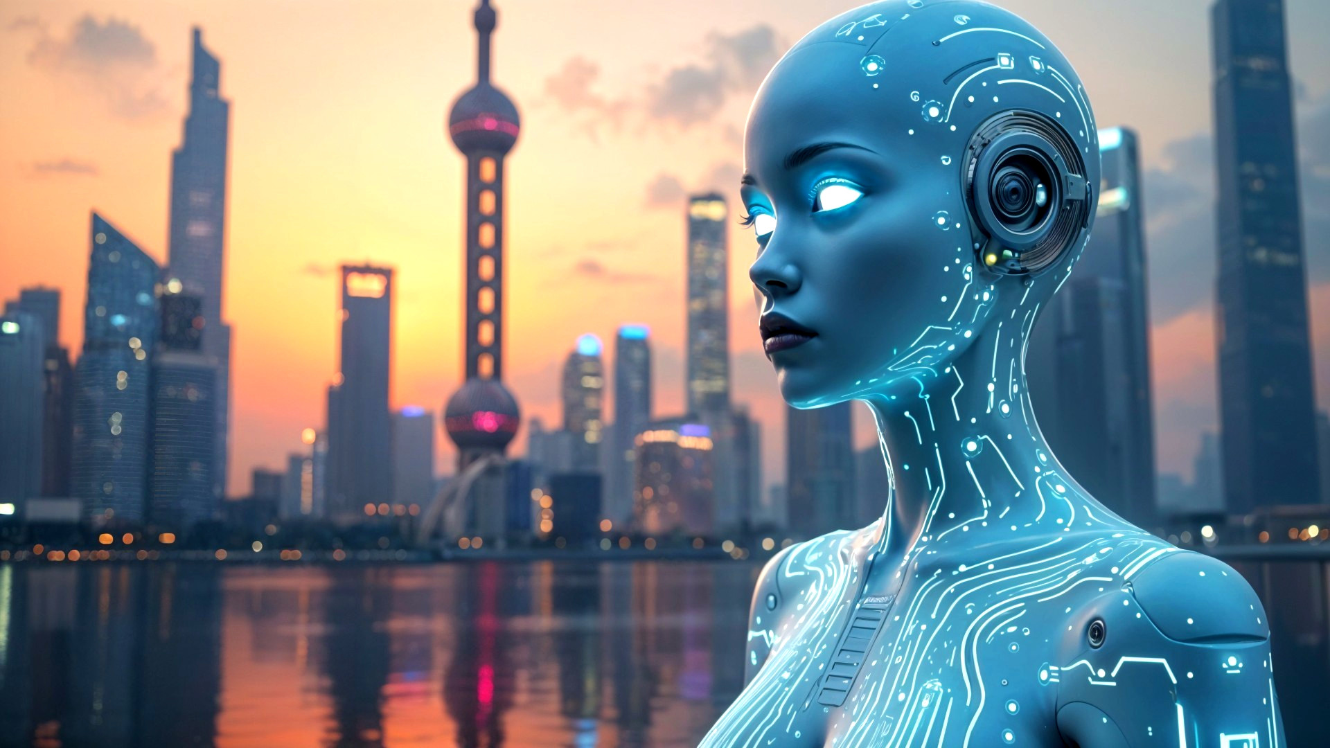 Futuristic Humanoid Robot Against Vibrant Cityscape