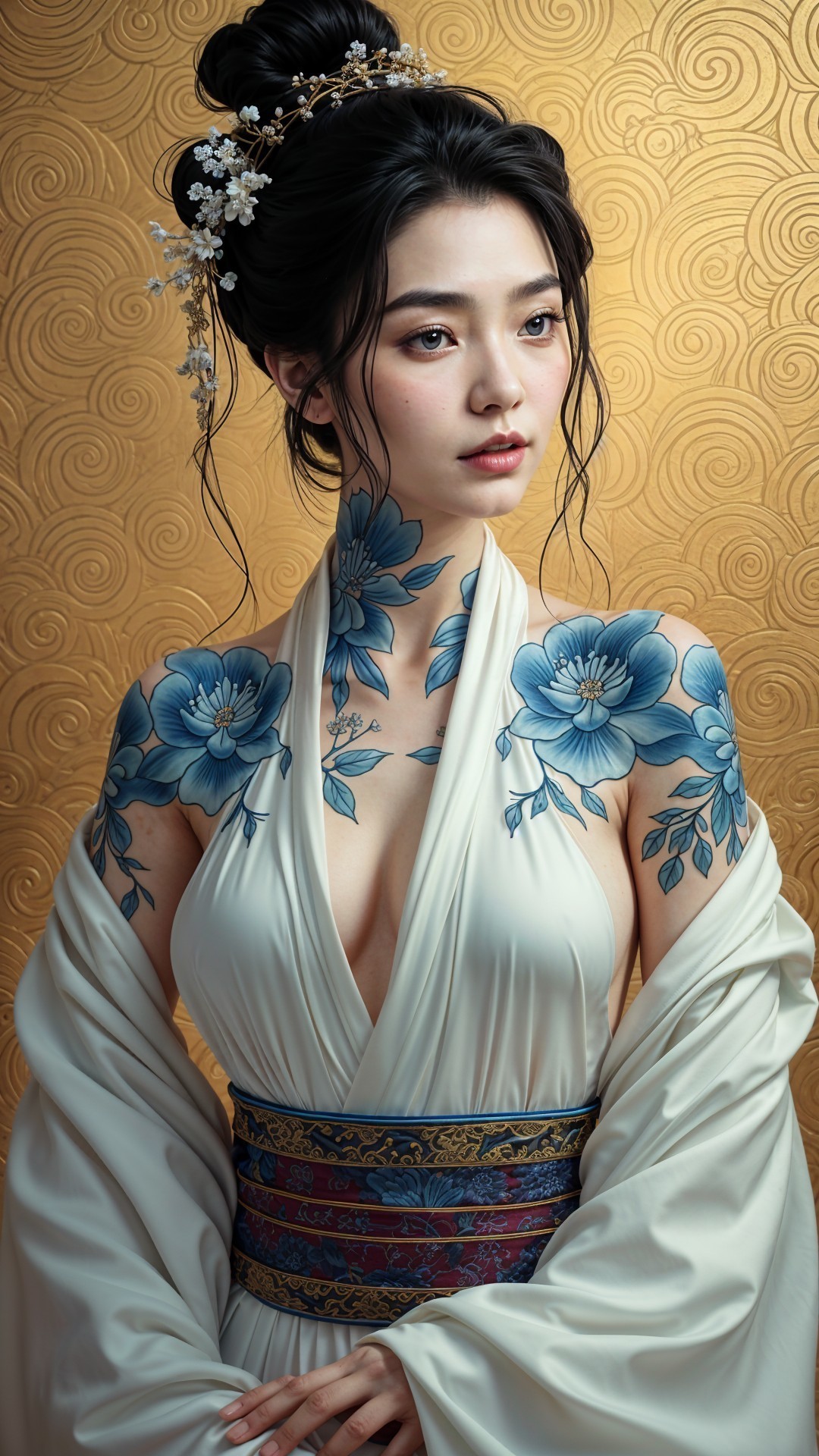 Elegant Woman in White Kimono with Floral Tattoos
