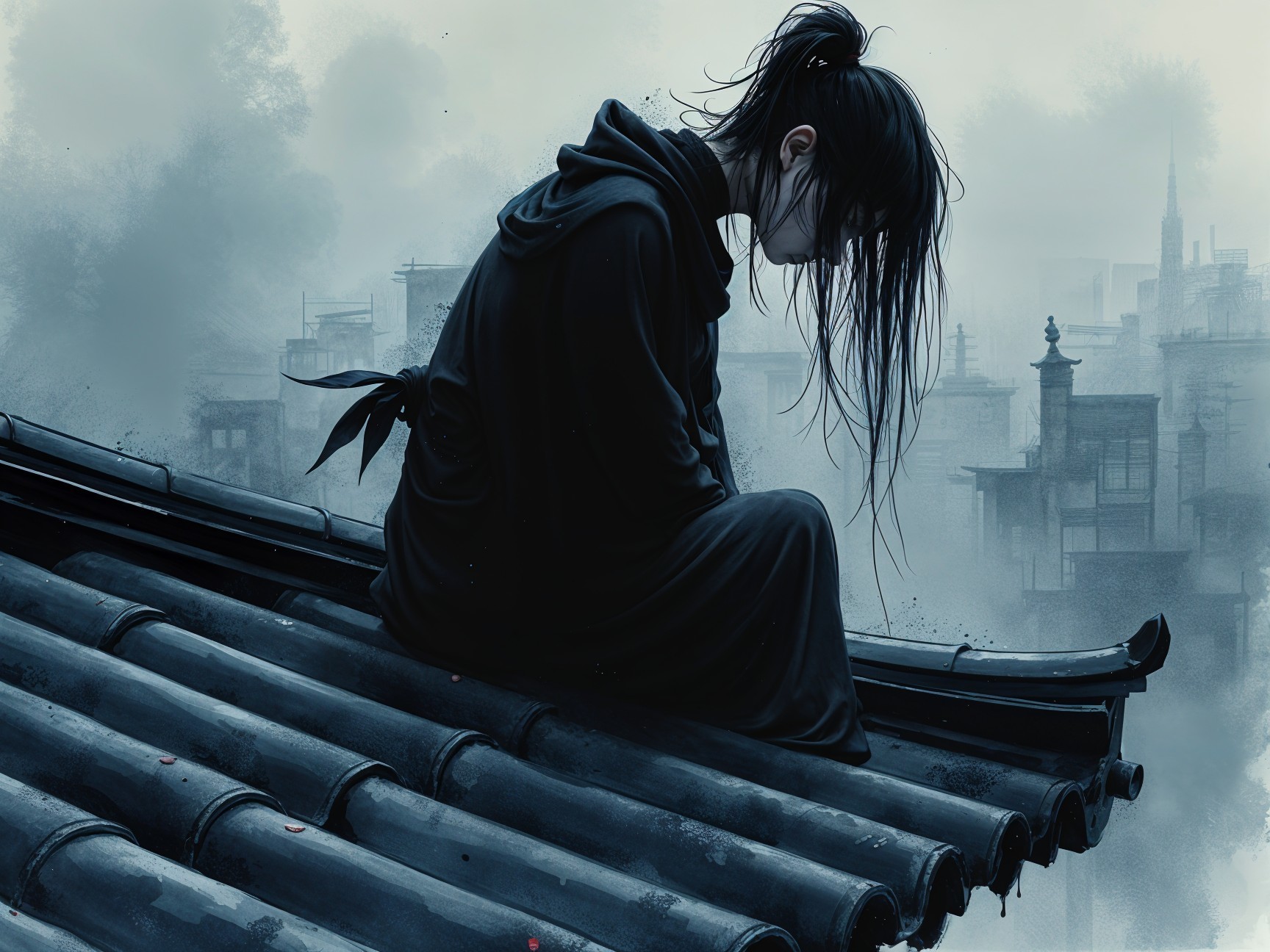 Solitary Figure in Black Robe on Rooftop at Dusk