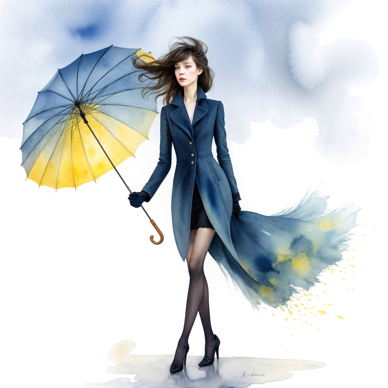 Graceful figure in blue coat with elegant umbrella