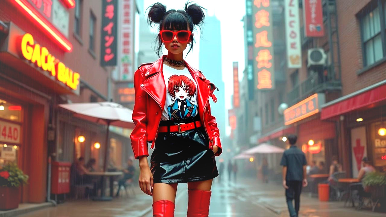 Fashion-forward individual in vibrant urban setting