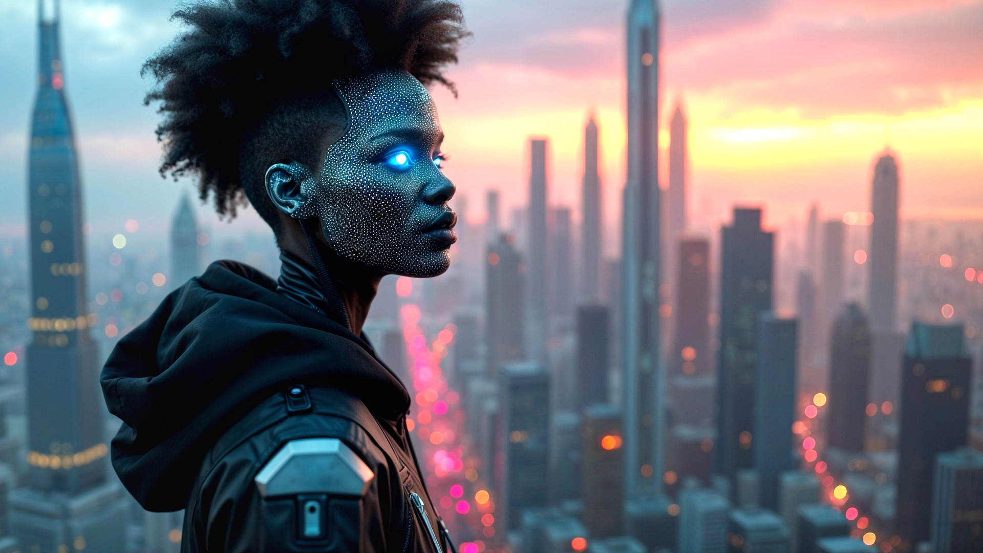 Futuristic figure with glowing features against skyline